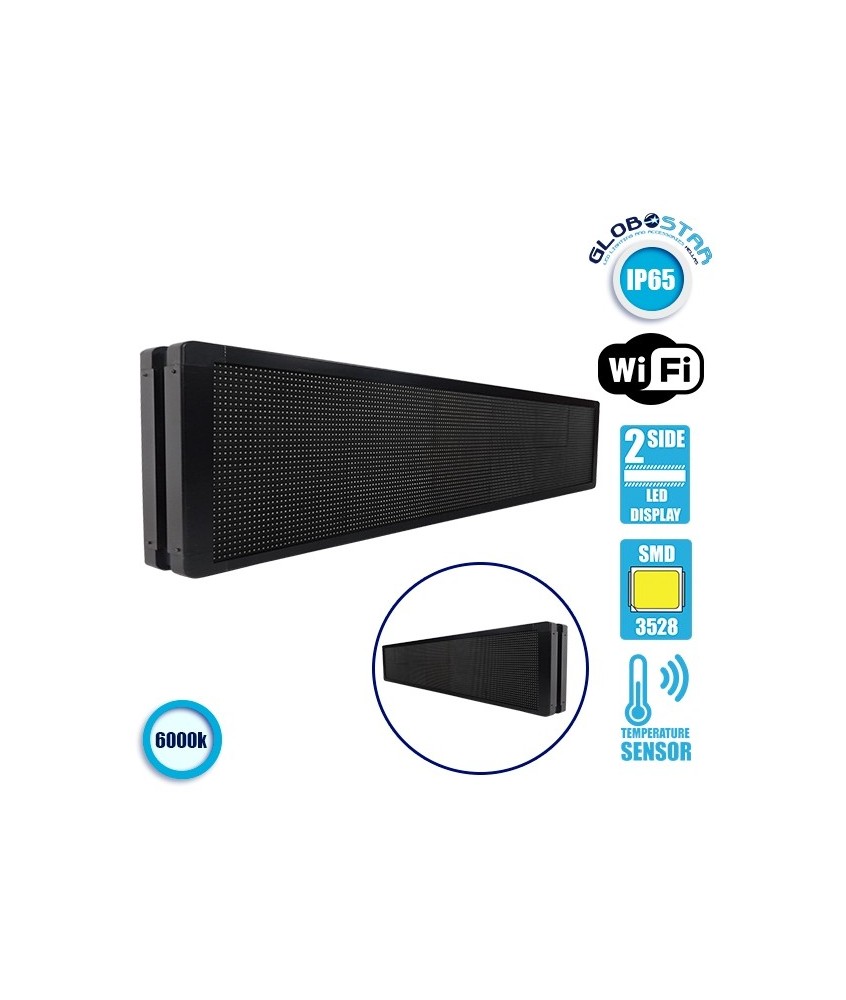 GLOBOSTAR® DISPLAY 90330 Κυλιόμενη Ψηφιακή Επιγραφή P10 Διπλής Όψης LED AC 220-240V Αδιάβροχο IP65 Ψυχρό Λευκό 6000K - WiFi Control μέσω FK APP - Αισθητήρας Θερμοκρασίας & Υγρασίας - Μ168 x Π12 x Υ40cm - 2 Χρόνια Εγγύηση